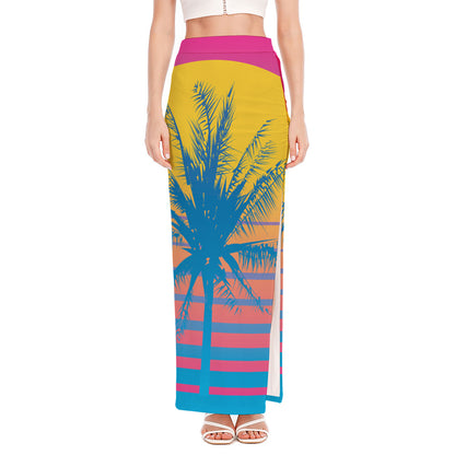 Retrowave Sunset Palm Tree Print High Slit Maxi Skirt