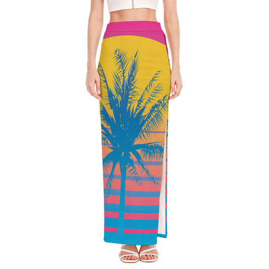 Retrowave Sunset Palm Tree Print High Slit Maxi Skirt