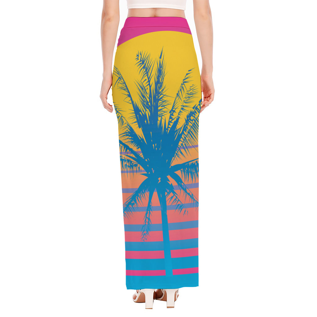 Retrowave Sunset Palm Tree Print High Slit Maxi Skirt