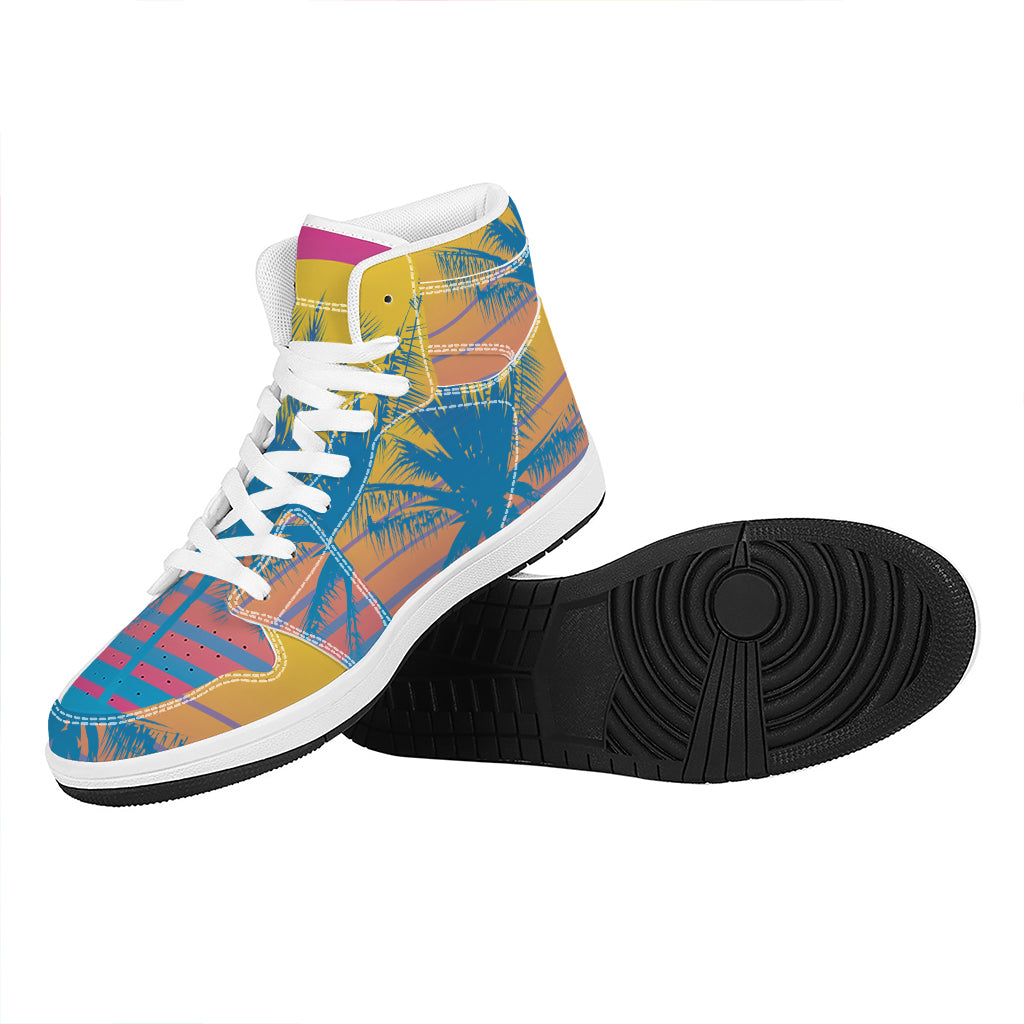 Retrowave Sunset Palm Tree Print High Top Leather Sneakers