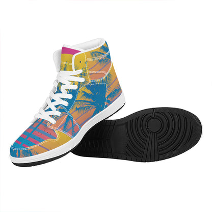 Retrowave Sunset Palm Tree Print High Top Leather Sneakers