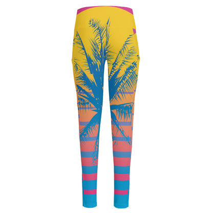 Retrowave Sunset Palm Tree Print High-Waisted Pocket Leggings