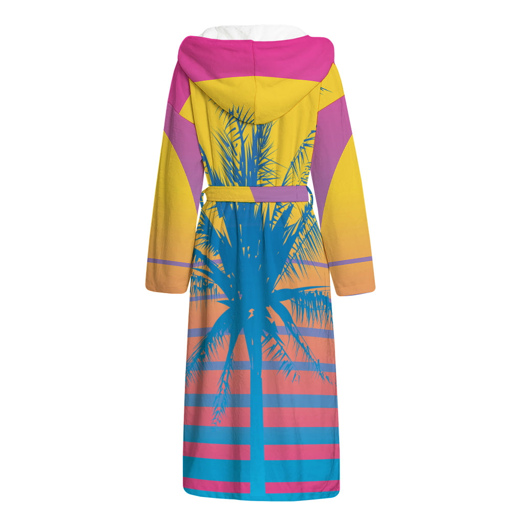 Retrowave Sunset Palm Tree Print Hooded Bathrobe