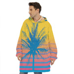 Retrowave Sunset Palm Tree Print Hoodie Blanket