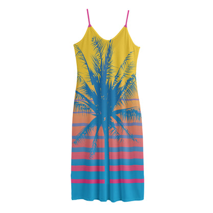 Retrowave Sunset Palm Tree Print Jersey Midi Cami Dress
