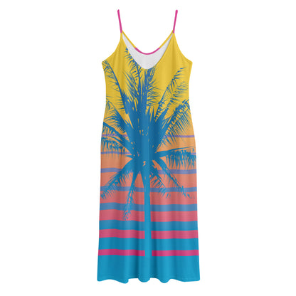 Retrowave Sunset Palm Tree Print Jersey Midi Cami Dress