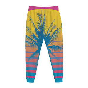 Retrowave Sunset Palm Tree Print Jogger Pants