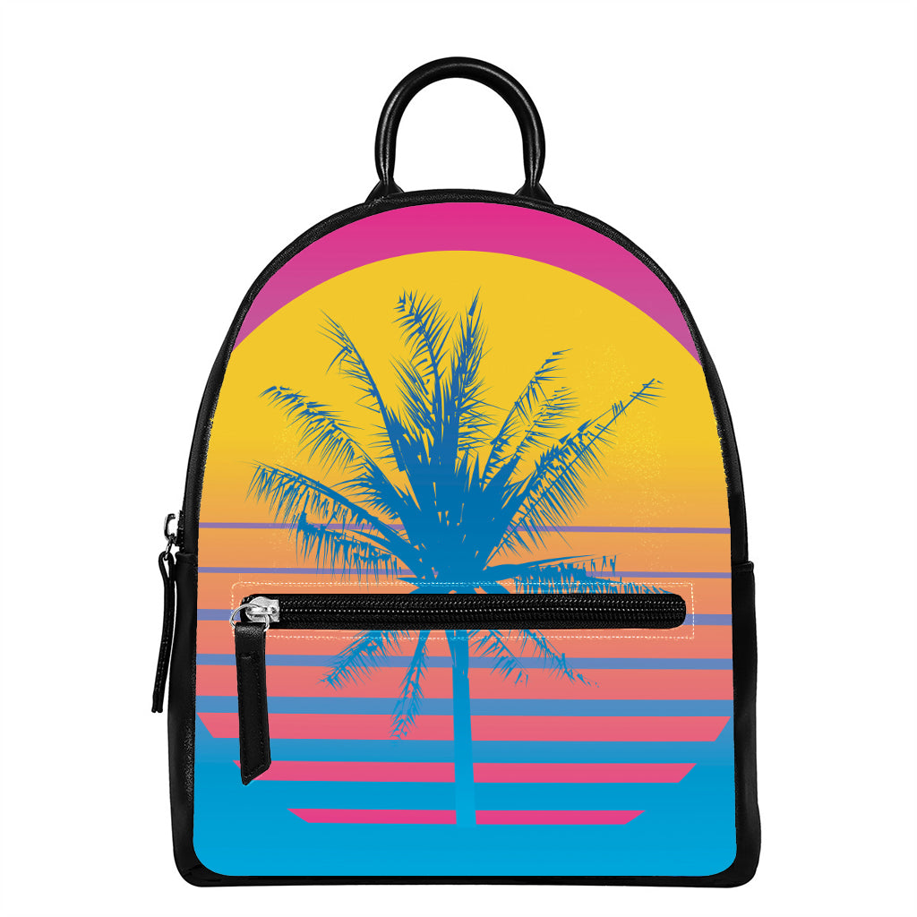 Retrowave Sunset Palm Tree Print Leather Backpack