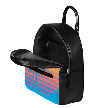 Retrowave Sunset Palm Tree Print Leather Backpack