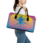 Retrowave Sunset Palm Tree Print Leather Duffle Bag