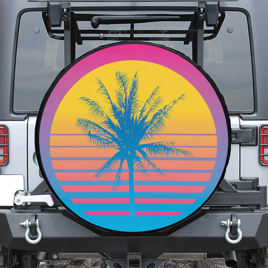 Retrowave Sunset Palm Tree Print Leather Spare Tire Cover