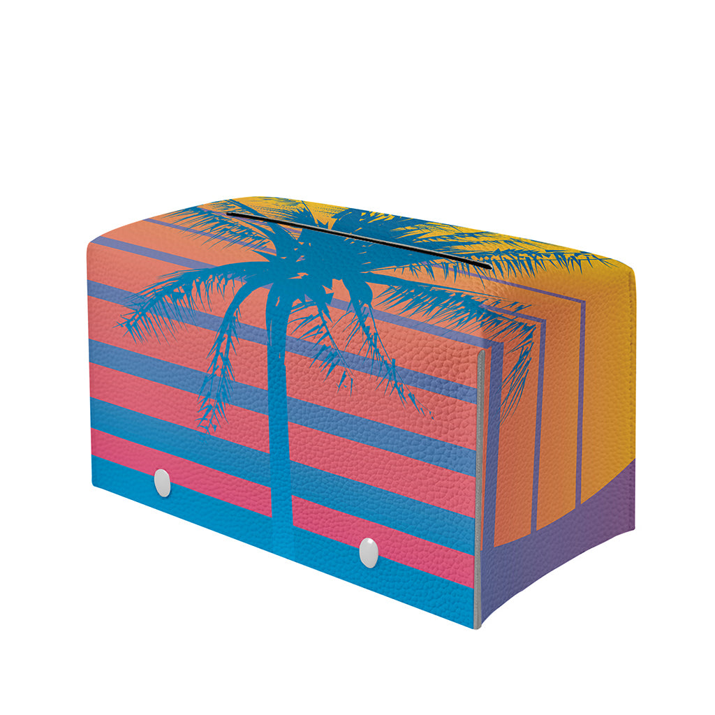 Retrowave Sunset Palm Tree Print Leather Tissue Box Cover
