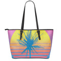 Retrowave Sunset Palm Tree Print Leather Tote Bag With Zipper