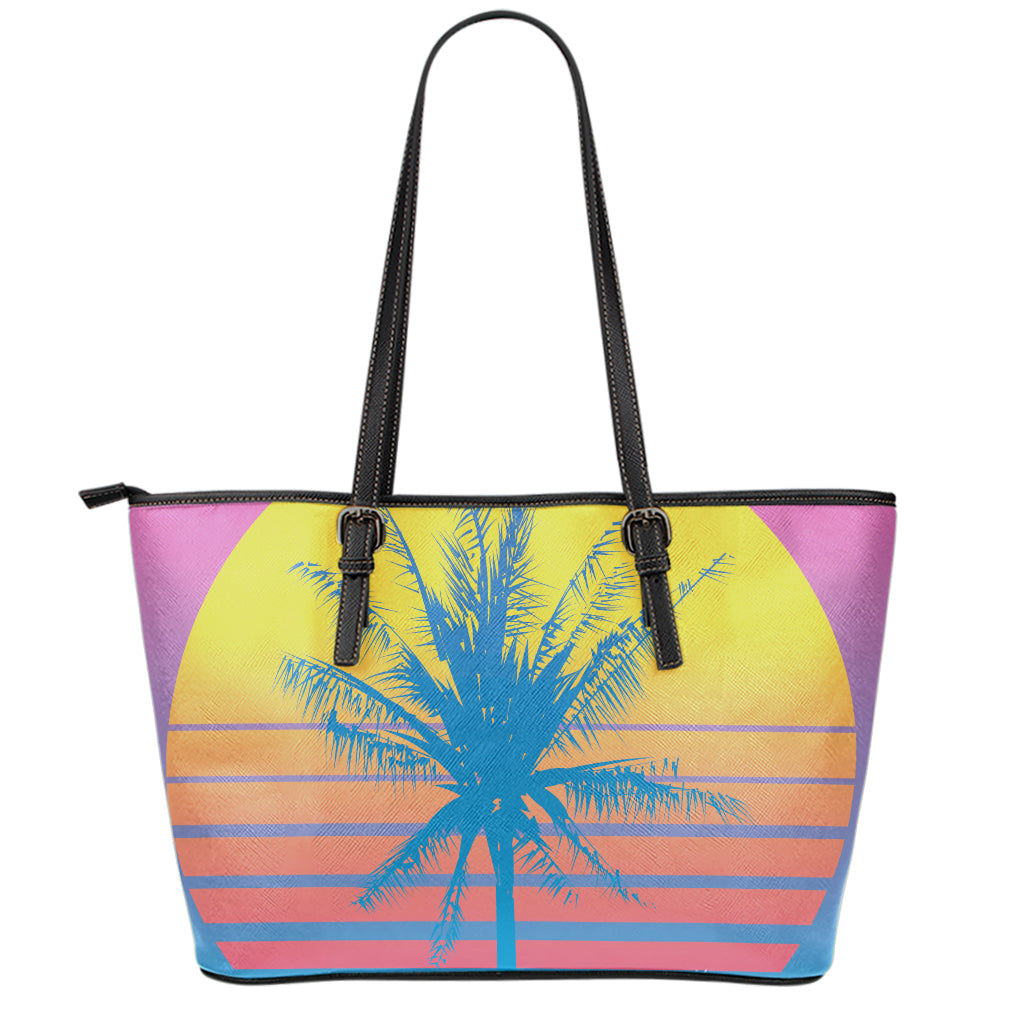 Retrowave Sunset Palm Tree Print Leather Tote Bag