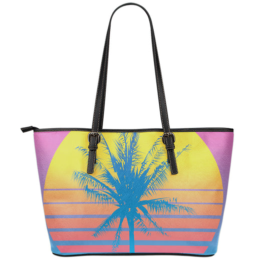 Retrowave Sunset Palm Tree Print Leather Tote Bag