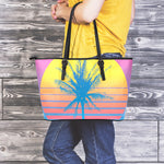 Retrowave Sunset Palm Tree Print Leather Tote Bag