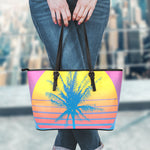 Retrowave Sunset Palm Tree Print Leather Tote Bag
