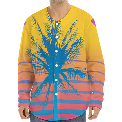 Retrowave Sunset Palm Tree Print Long Sleeve Baseball Jersey