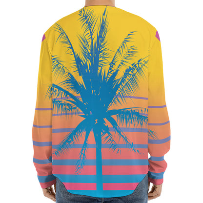 Retrowave Sunset Palm Tree Print Long Sleeve Baseball Jersey