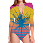 Retrowave Sunset Palm Tree Print Long Sleeve Swimsuit