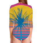 Retrowave Sunset Palm Tree Print Long Sleeve Swimsuit