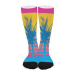 Retrowave Sunset Palm Tree Print Long Socks