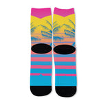 Retrowave Sunset Palm Tree Print Long Socks