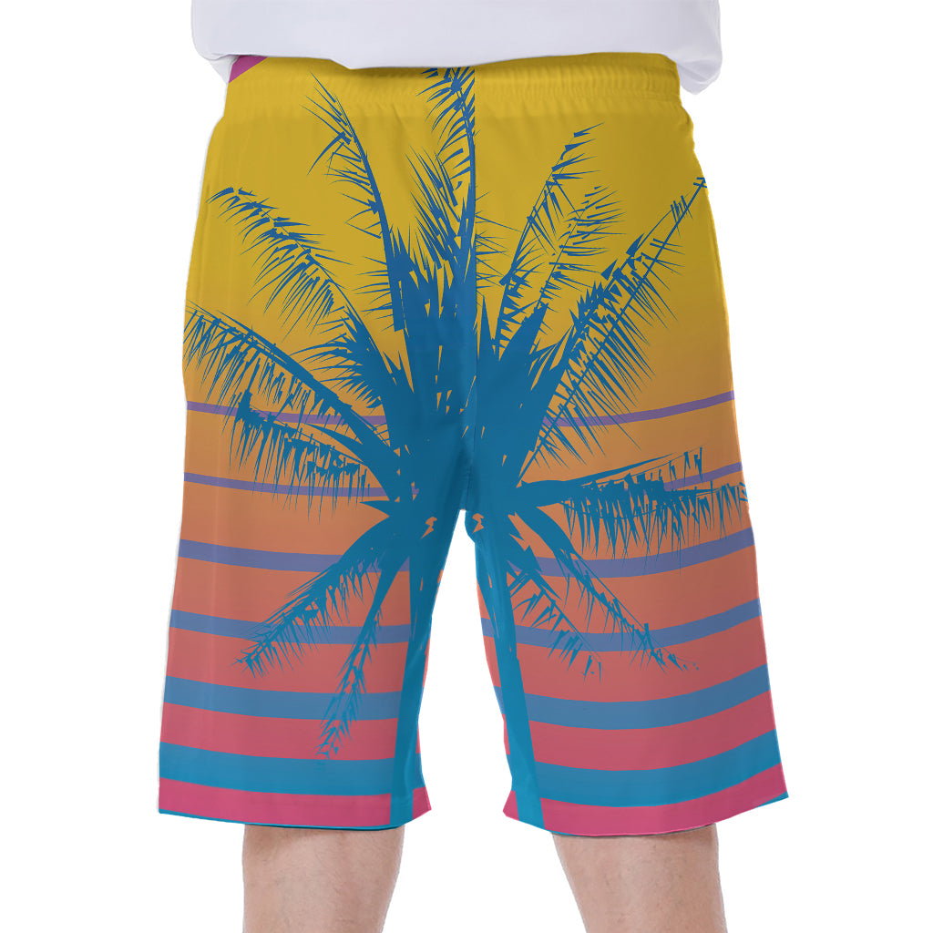 Retrowave Sunset Palm Tree Print Men's Beach Shorts