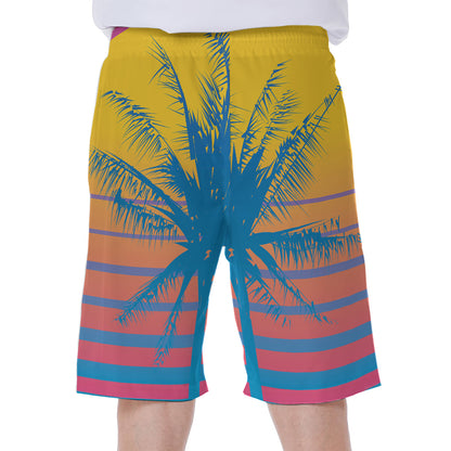Retrowave Sunset Palm Tree Print Men's Beach Shorts