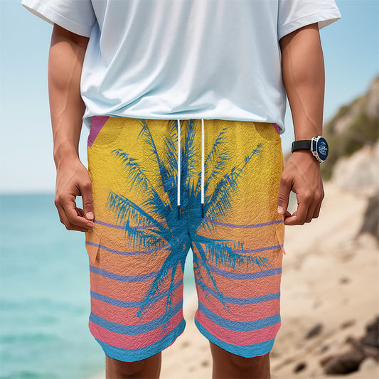 Retrowave Sunset Palm Tree Print Men's Cargo Shorts