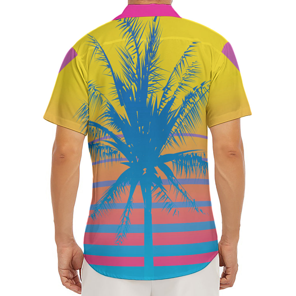 Retrowave Sunset Palm Tree Print Men's Deep V-Neck Shirt