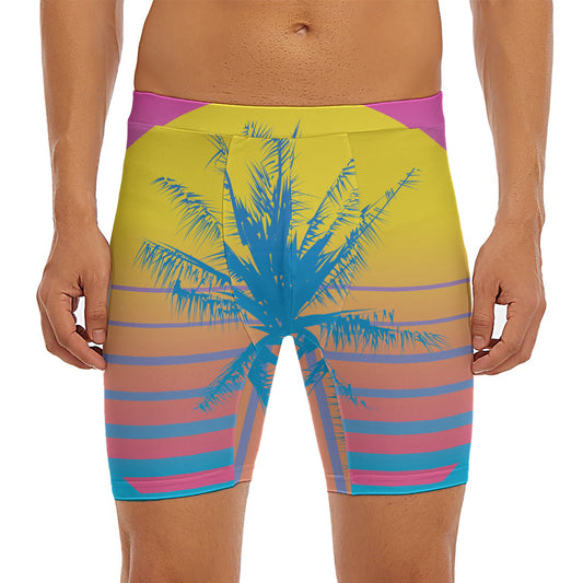 Retrowave Sunset Palm Tree Print Men's Long Boxer Briefs