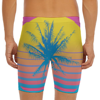 Retrowave Sunset Palm Tree Print Men's Long Boxer Briefs