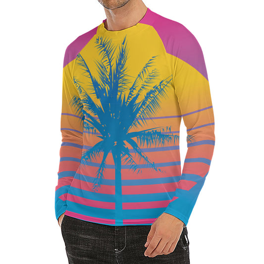 Retrowave Sunset Palm Tree Print Men's Long Sleeve Rash Guard