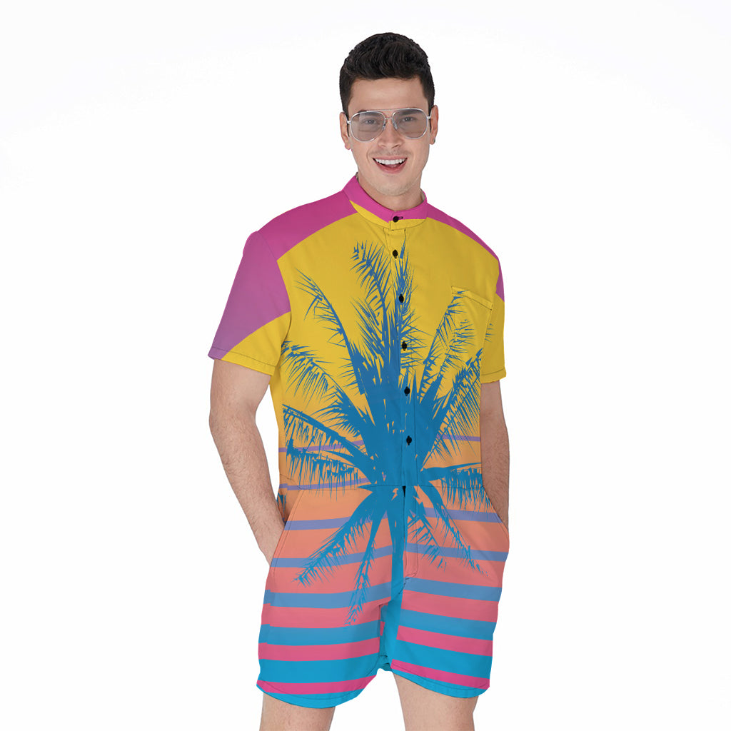 Retrowave Sunset Palm Tree Print Men's Rompers