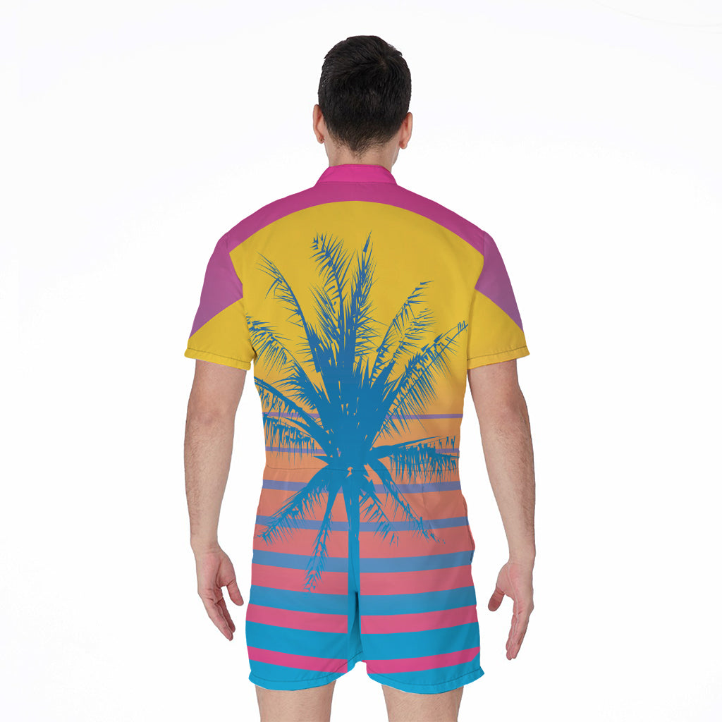 Retrowave Sunset Palm Tree Print Men's Rompers