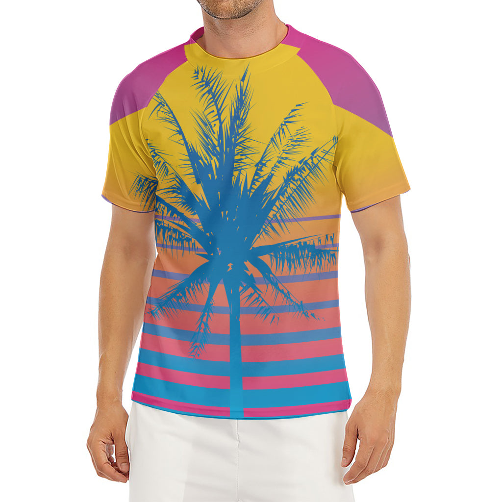 Retrowave Sunset Palm Tree Print Men's Short Sleeve Rash Guard