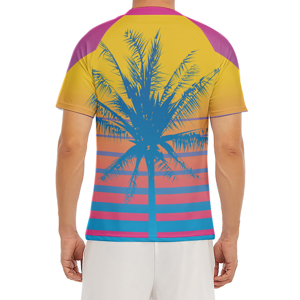 Retrowave Sunset Palm Tree Print Men's Short Sleeve Rash Guard