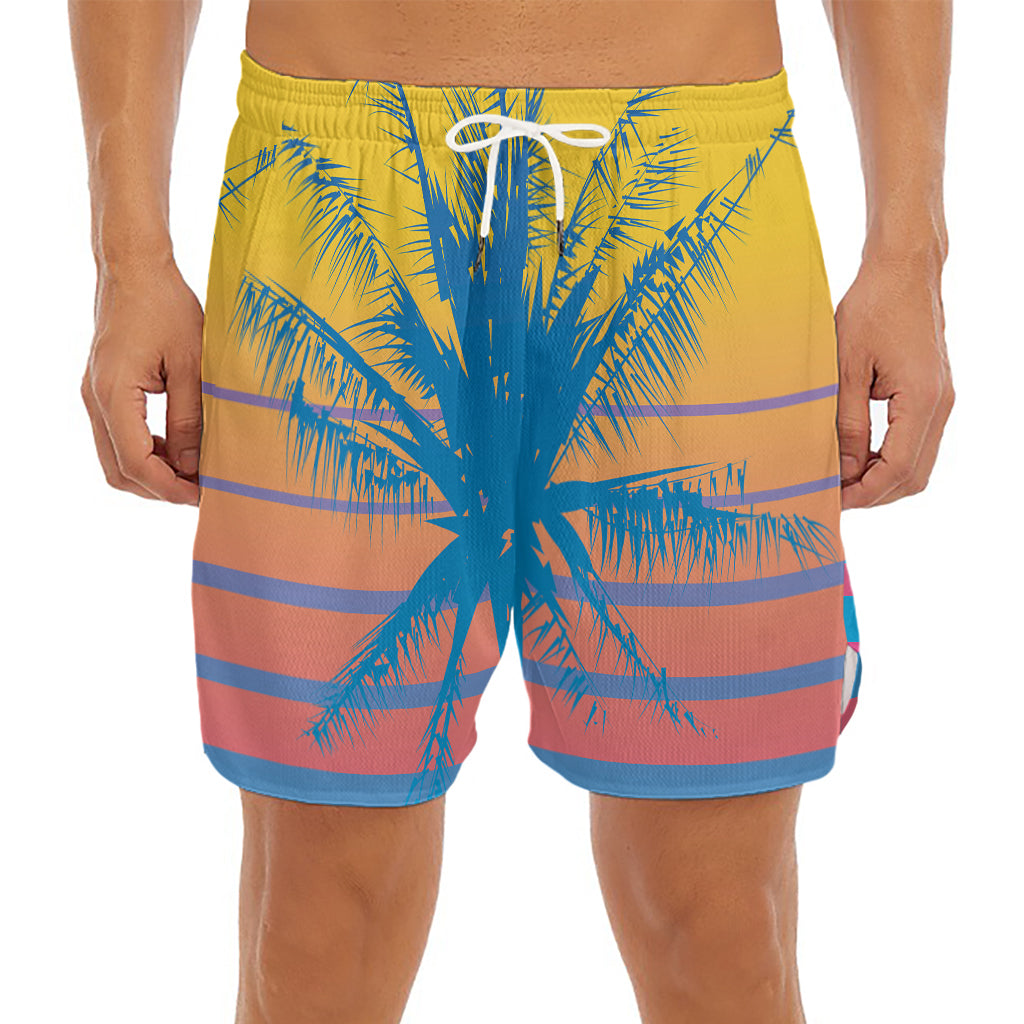 Retrowave Sunset Palm Tree Print Men's Split Running Shorts