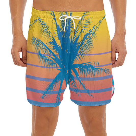 Retrowave Sunset Palm Tree Print Men's Split Running Shorts