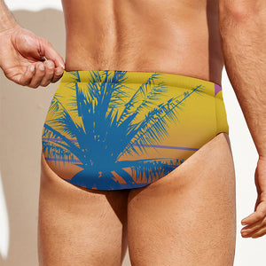 Retrowave Sunset Palm Tree Print Men's Swim Briefs