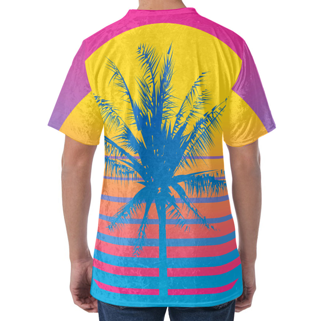 Retrowave Sunset Palm Tree Print Men's Velvet T-Shirt