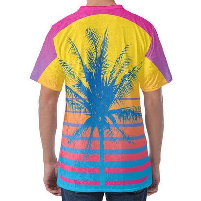 Retrowave Sunset Palm Tree Print Men's Velvet T-Shirt