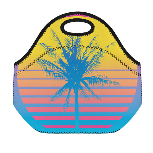 Retrowave Sunset Palm Tree Print Neoprene Lunch Bag