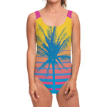 Retrowave Sunset Palm Tree Print One Piece Swimsuit