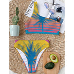 Retrowave Sunset Palm Tree Print One Shoulder Bikini Top