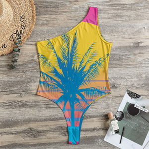 Retrowave Sunset Palm Tree Print One Shoulder Bodysuit