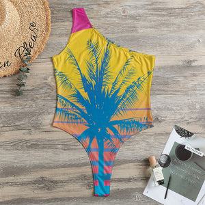 Retrowave Sunset Palm Tree Print One Shoulder Bodysuit