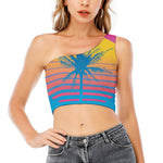 Retrowave Sunset Palm Tree Print One Shoulder Crop Top