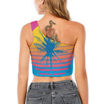 Retrowave Sunset Palm Tree Print One Shoulder Crop Top